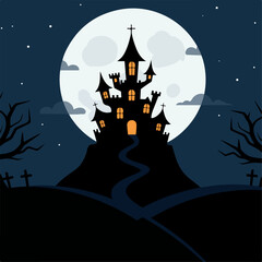 Spooky Halloween castle silhouette on hill under full moon. Halloween scene includes spooky castle with glowing windows and bare trees.  Perfect Halloween illustration for greeting cards, party invita