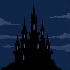 Fototapeta premium Dark castle silhouette on hill against night sky. Mysterious castle image with multiple towers and glowing windows. Spooky castle illustration perfect for Halloween cards or spooky themed projects.
