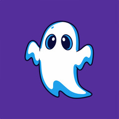 Obraz premium Cute cartoon ghost with big eyes on purple background. Friendly Halloween ghost illustration perfect for kids. This adorable spooky character is ideal for Halloween greeting cards, party invitations