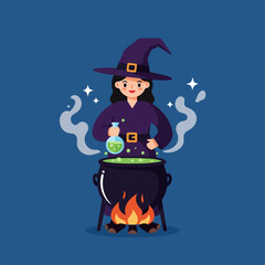 Halloween witch stirring potion in cauldron over fire.  Friendly witch wearing purple robe and hat adds ingredients to bubbling green potion.  Cute Halloween illustration perfect for seasonal greeting