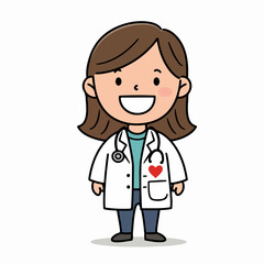 Fototapeta premium Smiling female doctor cartoon character wearing white coat and stethoscope. Happy pediatrician illustration perfect for children's clinic brochures. This cheerful doctor character is ideal for health
