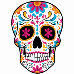 Colorful sugar skull illustration. Festive sugar skull design with bright flowers and swirls. Detailed sugar skull image perfect for Dia de Muertos celebration invitations and announcements.