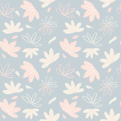 Seamless pastel pattern featuring abstract hand-drawn floral shapes in soft pink and cream tones on a muted blue background