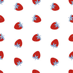 Seamless pattern with red strawberry and blue leaf. Playful summer fruit design with simple shapes. Perfect for fabric, wallpaper, wrapping, stationery, packaging and decor.