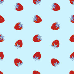 Seamless pattern with red strawberry and blue leaf. Playful summer fruit design with simple shapes. Perfect for fabric, wallpaper, wrapping, stationery, packaging and decor.