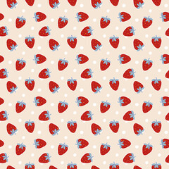 Seamless pattern with red strawberry and blue leaf. Playful summer fruit design with simple shapes. Perfect for fabric, wallpaper, wrapping, stationery, packaging and decor.
