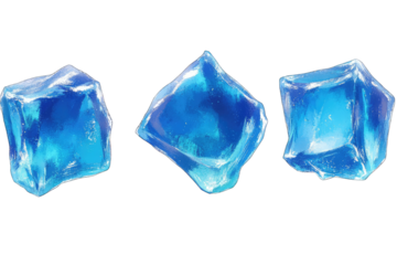 Three translucent, cubic ice crystals, rendered with a vibrant blue hue and internal light scattering, arranged horizontally