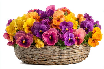A round woven basket overflows with bright pansies in purple, yellow, orange, and pink hues, isolated on white background