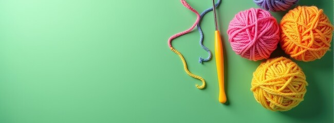 Colorful yarn balls and crochet hook on green background.