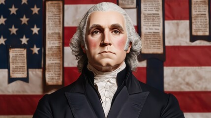 Presidents' Day Concept, Historical Portrait of George Washington Against a Backdrop of American Flags and Historical Documents