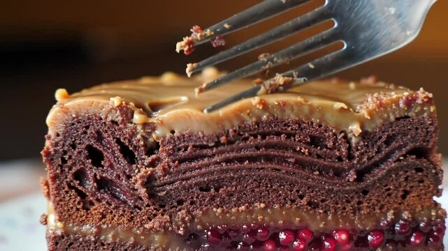 Slice of chocolate cake being cut, revealing moist layers of ganache and raspberry filling