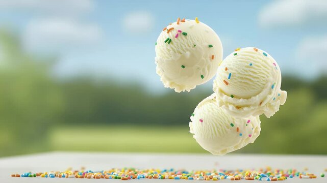 Ice cream scoops falling with sprinkles background