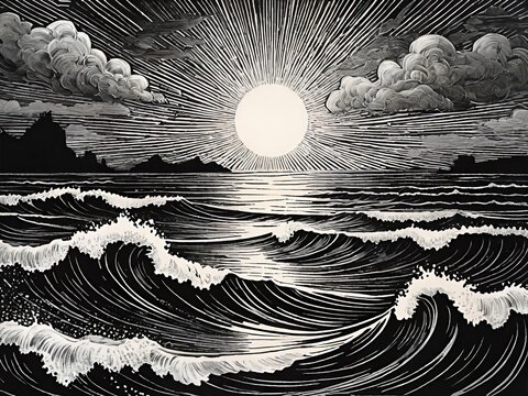 Minimalist black and white illustration of a large sun setting over a turbulent ocean with dramatic waves and clouds.