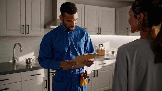 Technician reviewing paperwork while standing in modern kitchen in front of customer, plumber or construction worker client relations concept