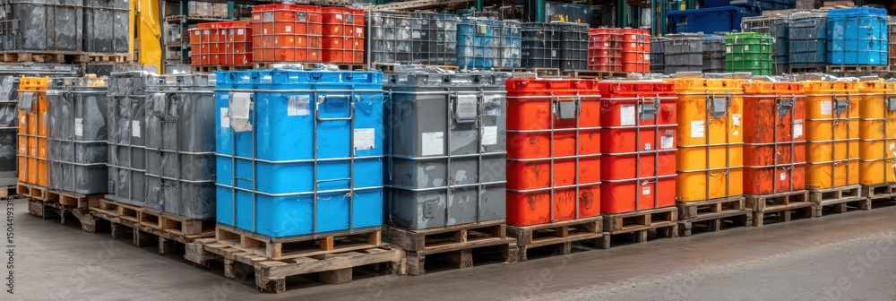 Poster waterproof coating containers organized on pallets in an industrial setting for efficient storage an
