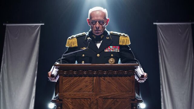 Military officer delivering a speech at a podium under stage lights, dictator concept 
