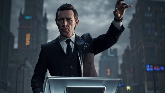 Politician in suit gesturing while speaking at podium in urban dystopian environment, concept of dictatorship