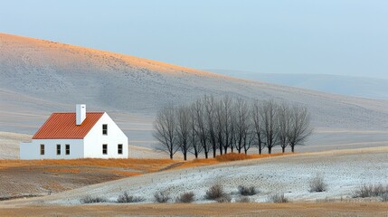 Small white cube house in an empty field, lone and abstract, evoking simplicity and solitude