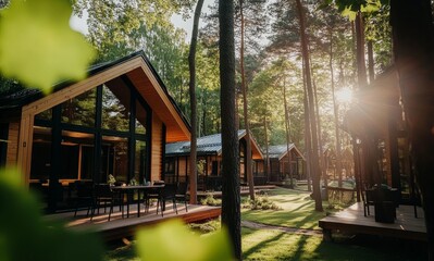 Fototapeta premium Cozy Wooden Cabins Nestled in a Serene Forest During Golden Hour Lighting