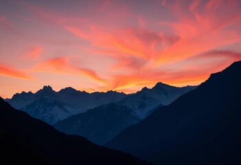 Dramatic silhouette of majestic mountains, double exposure, ample copy space, aerial, minimalist