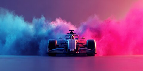 A sleek formula car speeds forward, leaving a vibrant trail of colorful smoke in its wake. The dynamic composition captures the essence of racing and excitement.