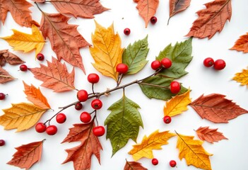Dried leaves, rowan berries arranged in autumnal composition on white background, autumn, nature