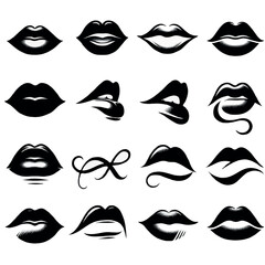 Adobe Illustrator Artwork Collection of hand-drawn lips illustrations. Set of female lips, stylish lip black and white designs, lip outlines in various shapes and styles. 