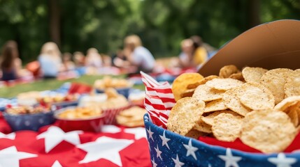 Presidents' Day Concept, Joyful Presidents Day Picnic at National Park with Family and Friends Enjoying Snacks and Togetherness in Nature
