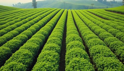 Drone view of lush green tea plantation, rows of tea bushes, aerial, healthy