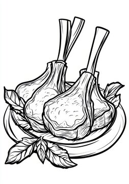 Cotolette di agnello disegnate a mano, illustrazione in bianco e nero