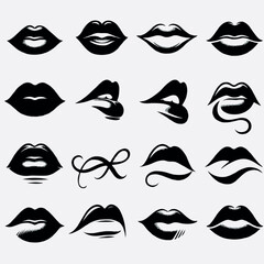 Adobe Illustrator Artwork Collection of hand-drawn lips illustrations. Set of female lips, stylish lip black and white designs, lip outlines in various shapes and styles. 