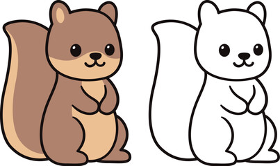 Cute cartoon sitting squirrel  or chipmunk drawing. Color and black and white line art. Kawaii vector clip art illustration.