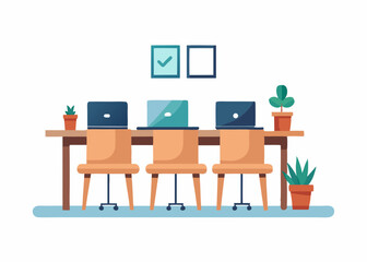 Flat and Minimal Office desk with laptops and chairs logo vector illustration