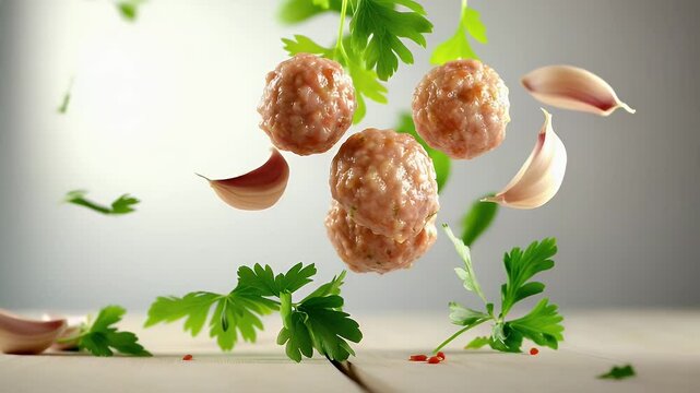 Meatballs with garlic and parsley falling