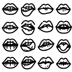 Adobe Illustrator Artwork Collection of hand-drawn lips illustrations. Set of female lips, stylish lip black and white designs, lip outlines in various shapes and styles. 