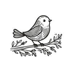 simple line art vector of little bird on a tree branch with leaf