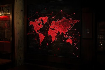 moody, dimly lit room with illuminated red map of world, with carefully placed red pins connected by strings, suggesting global surveillance, secret planning, espionage operations