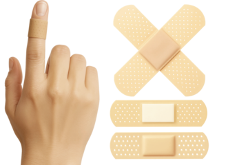 Various adhesive bandages and hand with finger injury treatment

