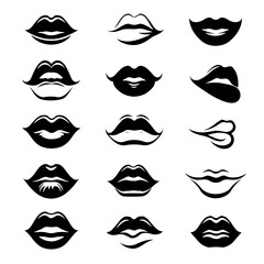 Adobe Illustrator Artwork Collection of hand-drawn lips illustrations. Set of female lips, stylish lip black and white designs, lip outlines in various shapes and styles. 