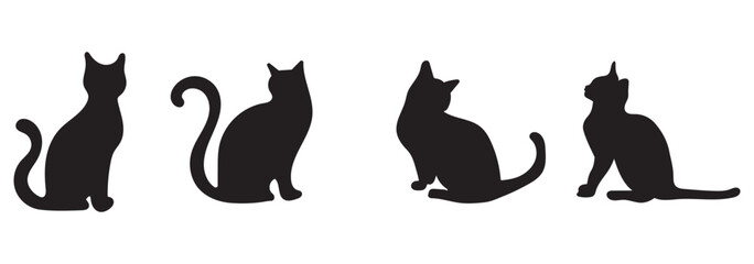 Vector Set of Black Cat Silhouettes in Various Poses – Sitting, Playing, Jumping, Walking, Elegant cat sitting side view with turn around head. Black cat silhouette. eps 10