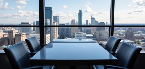 Empty table on Peachtree Club balcony overlooking Atlanta skyline, empty, architecture