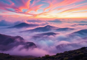 Obraz premium Ethereal landscape, swirling mists, vibrant hues, vast empty space, quiet, clouds