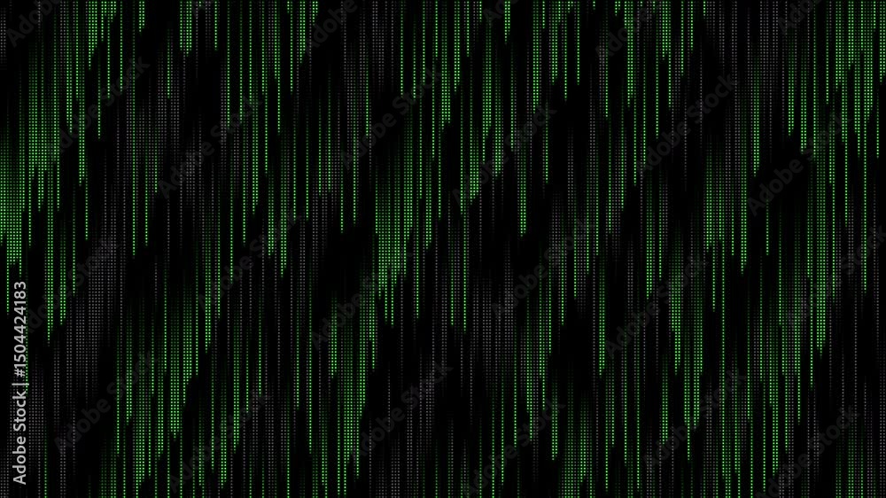 Poster Green matrix abstract dots raining binary code without symbols and characters. Black background. Abstract halftone loop animation