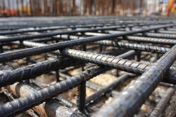 Close-up view showcases rebar grid construction, iron reinforcement bars arranged in lattice for concrete foundation slab formwork