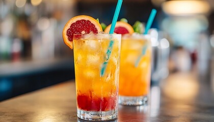 Colorful cocktails with fresh citrus and ice on a bar counter background