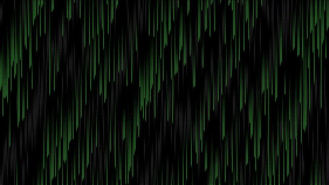Green matrix abstract dots raining binary code without symbols and characters. Black background. Abstract halftone loop animation