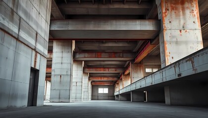 A post-industrial landscape with the geometry of abandoned architecture. Cold, ochre and rusty red colors, creating a sense of time stopped in space. Emphasizes the aesthetics of emptiness and urbanis
