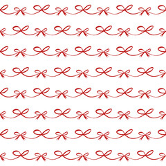 Seamless pattern with red ribbon bow and wavy line garland. Elegant and festive linear design. Perfect for wrapping, wallpaper, fabric, stationery, gift decor, and seasonal surface design.