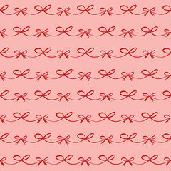 Seamless pattern with red ribbon bow and wavy line garland. Elegant and festive linear design. Perfect for wrapping, wallpaper, fabric, stationery, gift decor, and seasonal surface design.