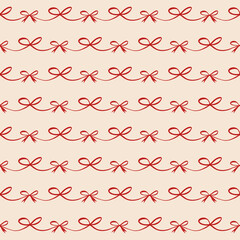 Seamless pattern with red ribbon bow and wavy line garland. Elegant and festive linear design. Perfect for wrapping, wallpaper, fabric, stationery, gift decor, and seasonal surface design.
